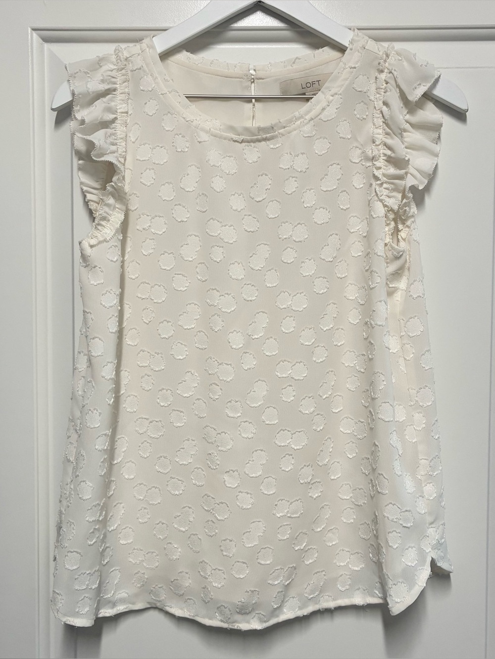 LOFT Cream Ruffle Cap-Sleeve Textured Dot Shirt